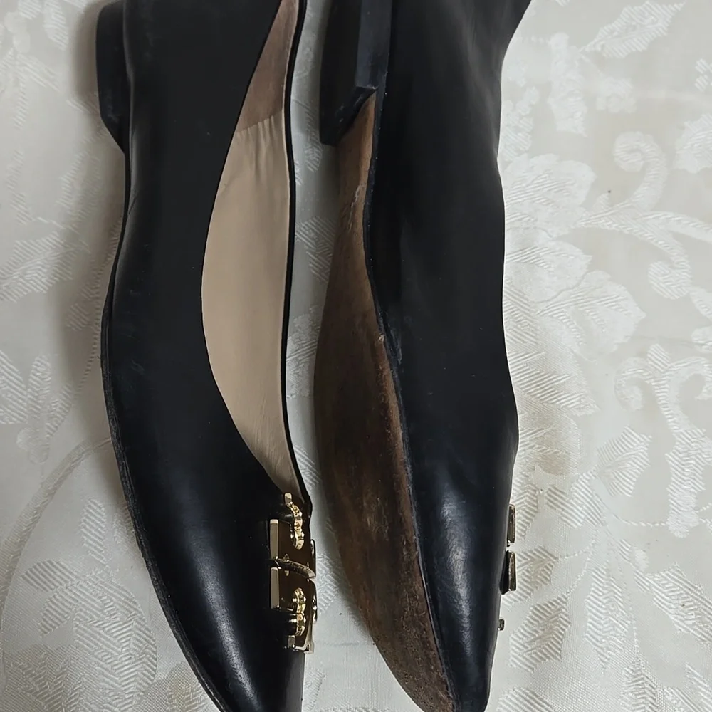 Tory Burch Black Leather Lowell Ballet Flats with Gold Emblem